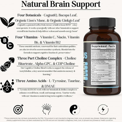 Focus 14-in-1 Nootropic Brain Supplement B12, Taurine, 60 Filler