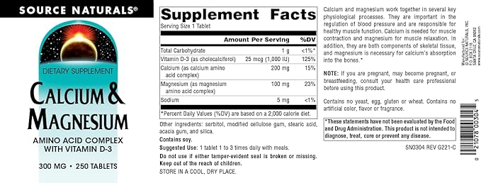 Source Naturals Calcium & Magnesium, Amino D-3, 300 300 MG 250 Tablets