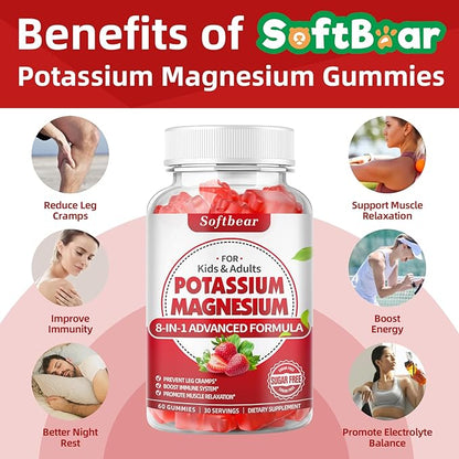 softbear Potassium Gummies for Adults, High Absorption Magnesium Potassium Supplement with Vitamin B6 for Leg Cramps & Muscle Health Sugar-Free Vegan Strawberry 60 Gummies