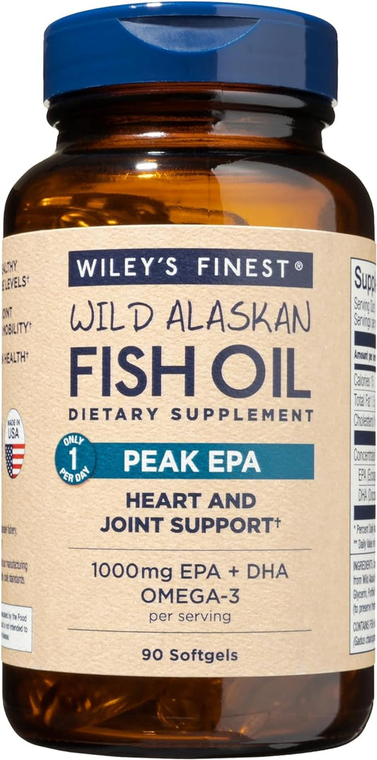Wiley's Finest Wild Alaskan Fish Oil 1000mg Omega-3s, Omega-3s, SQF-Certified 90 Softgels (90 Servings)