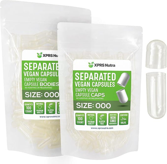 XPRS Nutra Vegan Size 000 Separated Capsules - 100 Count Premium Empty Capsules Separated in Bags - Clear Empty Capsules - Separated Empty 000 Capsules - Pill Capsules Empty for DIY Supplement Filling