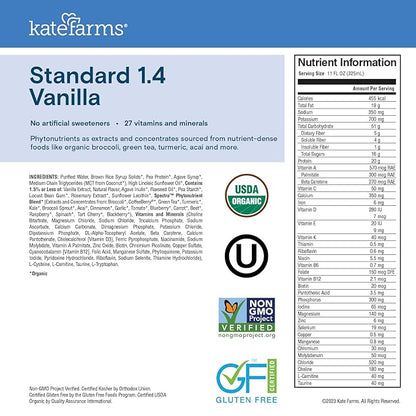 KATE FARMS Organic 1.4 High Calorie 20g Protein, 27 Vitamins 11 oz (6 Pack)