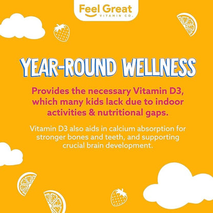 Vitamin D3 1000IU Gummy Vitamins for Kids (60 Day Supply) by Feel Great Vitamin Co | 60 Gummies | Delicious Plant Based Gummies | Supports Healthy Bones, Teeth, Mood, Immune System*
