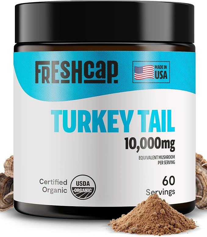 FreshCap Turkey Tail Mushroom Powder 10,000mg - Turkey Tail Mushroom Supplement Powder, Turkey Tail Extract Mushroom Blend Powder, Ayurveda Nootropic Mushrooms Herbal Supplements (60 Servings)