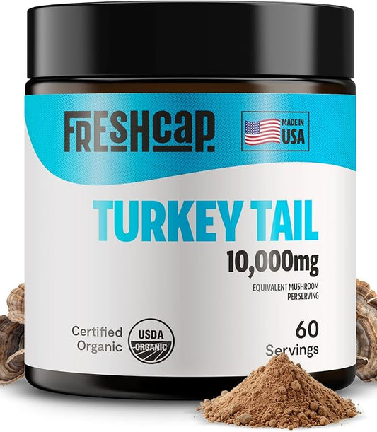 FreshCap Turkey Tail Mushroom Powder 10,000mg - Turkey Tail Mushroom Supplement Powder, Turkey Tail Extract Mushroom Blend Powder, Ayurveda Nootropic Mushrooms Herbal Supplements (60 Servings)