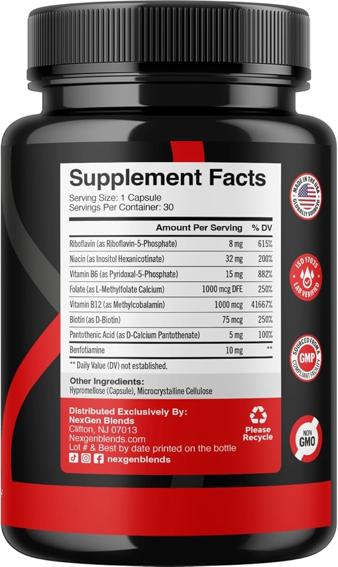 Methylated B Complex Vitamin Supplement 5-MTHF Methyl B12 Methylcobalamin (30 count)