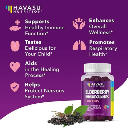 Elderberry Gummies for Kids with Zinc and Vitamin C - Potent, Herbal Immune Support for Kids with Antioxidants to Support Immune Defense - 120 Vegan Elderberry Vitamin C and Zinc Kids Immune Gummies