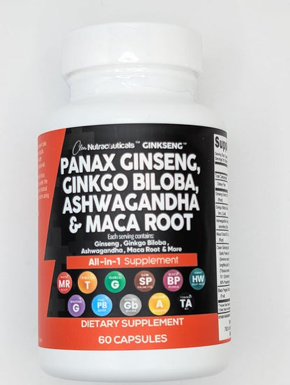 Clean Nutraceuticals Panax Ginseng Ginkgo Biloba Ashwagandha Maca Root - Focus Supplement Pills for Women and Men with Pine Bark Extract, Garlic, and Saw Palmetto - 60 Caps