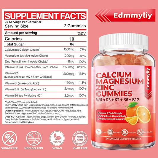 Sugar Free Calcium Magnesium Zinc Supplement D3 & B12 for (120 Counts)