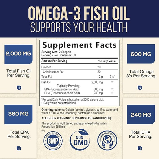 Triple Strength Omega 3 Fish Oil 2000 mg Omega-3 Supplements, 60 Count