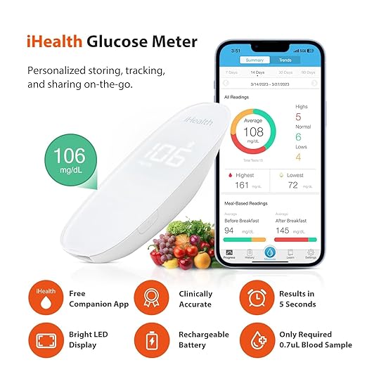 iHealth Gluco+ Wireless Smart Blood Glucose 100 Glucometer 100 Lancets, 1 Blood 1 Lancing