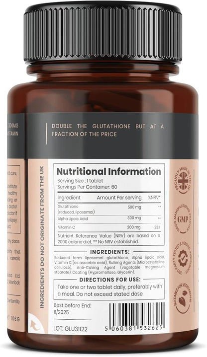 pureclinica Glutathione 1000mg x 60 Tablets. 500mg Glutathione, 300mg ALA, 200mg Vitamin