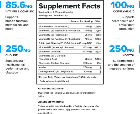 LEGION Vitamin B-Complex (120 Capsules) - Vitamin B Complex with Choline and Inositol Supports Mood & Liver Function - Vegan B Complex Vitamins Support Energy Metabolism & Muscle Function