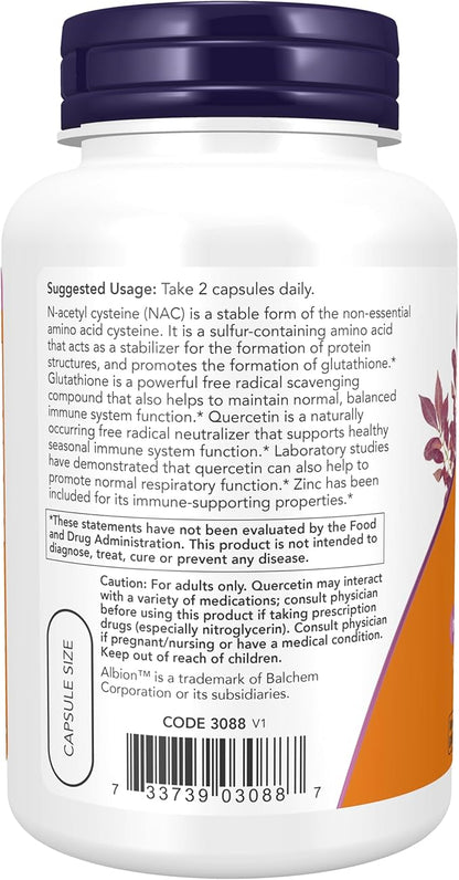 NOW Supplements, NAC Quercetin and Zinc, 1,000 mg 500 mg 15 mg 90 Veg