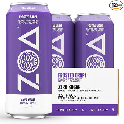 ZOA Zero Sugar Energy Drinks, Frosted Grape - Sugar Free with Electrolytes, Healthy Vitamin C, Amino Acids, Essential B-Vitamins, and Caffeine from Green Tea - 16 Fl Oz (12-Pack)