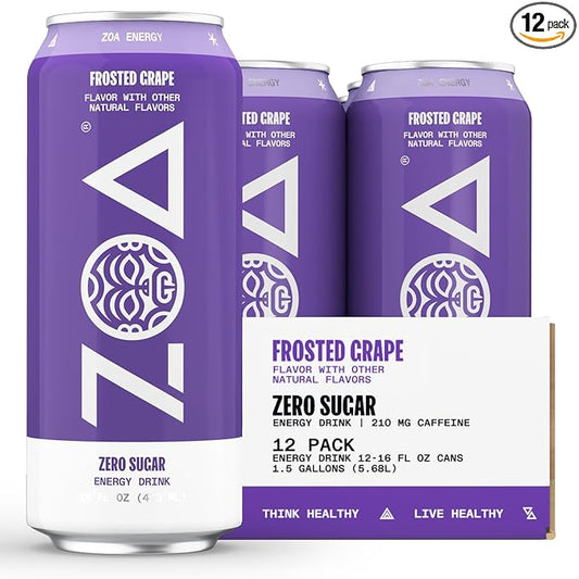 ZOA Zero Sugar Energy Drinks, Frosted Grape - Sugar Free with Electrolytes, Healthy Vitamin C, Amino Acids, Essential B-Vitamins, and Caffeine from Green Tea - 16 Fl Oz (12-Pack)