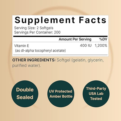 NatureBell Vitamin E Oil Softgels, 400iu 400 Pills