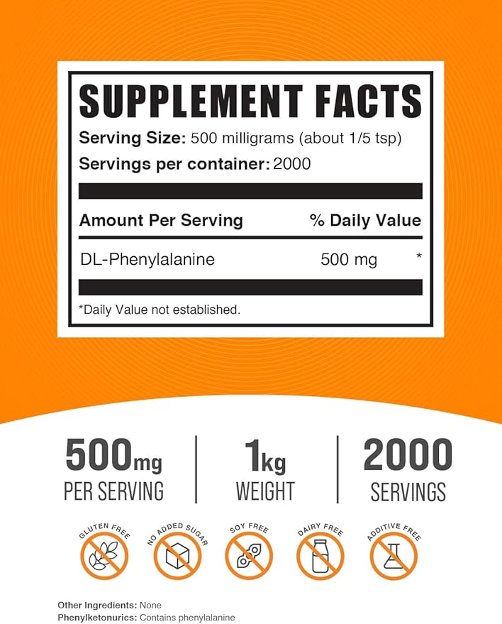 BulkSupplements.com DL-Phenylalanine Powder - DLPA Powder, DL-Phenylalanine 500mg - DLPA Supplements, Amino Acid - Gluten Free, 500mg per Serving, 1kg (2.2 lbs) (Pack of 1)