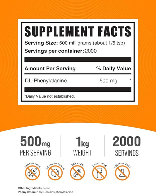 BulkSupplements.com DL-Phenylalanine Powder - DLPA Powder, DL-Phenylalanine 500mg - DLPA Supplements, Amino Acid - Gluten Free, 500mg per Serving, 1kg (2.2 lbs) (Pack of 1)