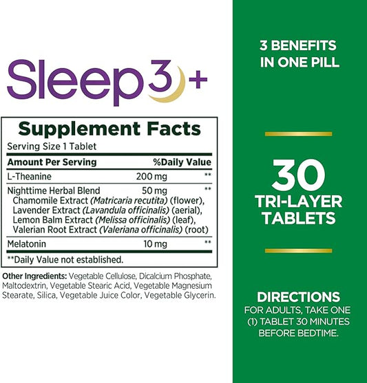 Nature's Bounty Melatonin, Sleep3 Maximum Strength 100% Drug 10mg, 30 30 Tri-Layered