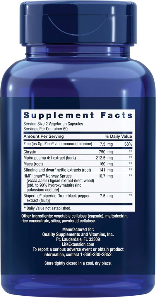 Life Extension Super Miraforte with Standardized Lignans, chrysin, Nettle Root, Muira puama, maca, zinc, Focused Formula for Testosterone Benefits, Vegetarian, Gluten-Free, Non-GMO, 120 Capsules