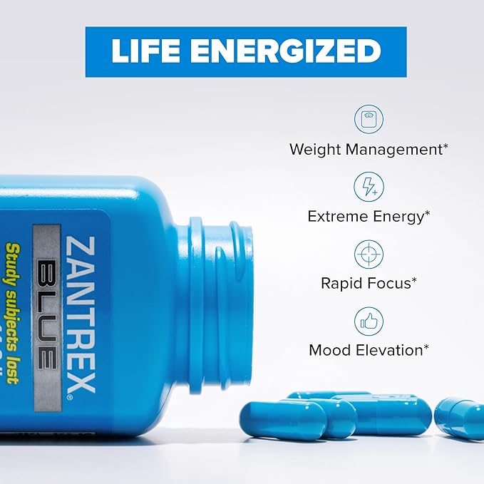 Zantrex Blue - High Energy Supplement - 300MG Natural Caffeine - Yerba Mate, Damiana, and Guarana, 60 Count