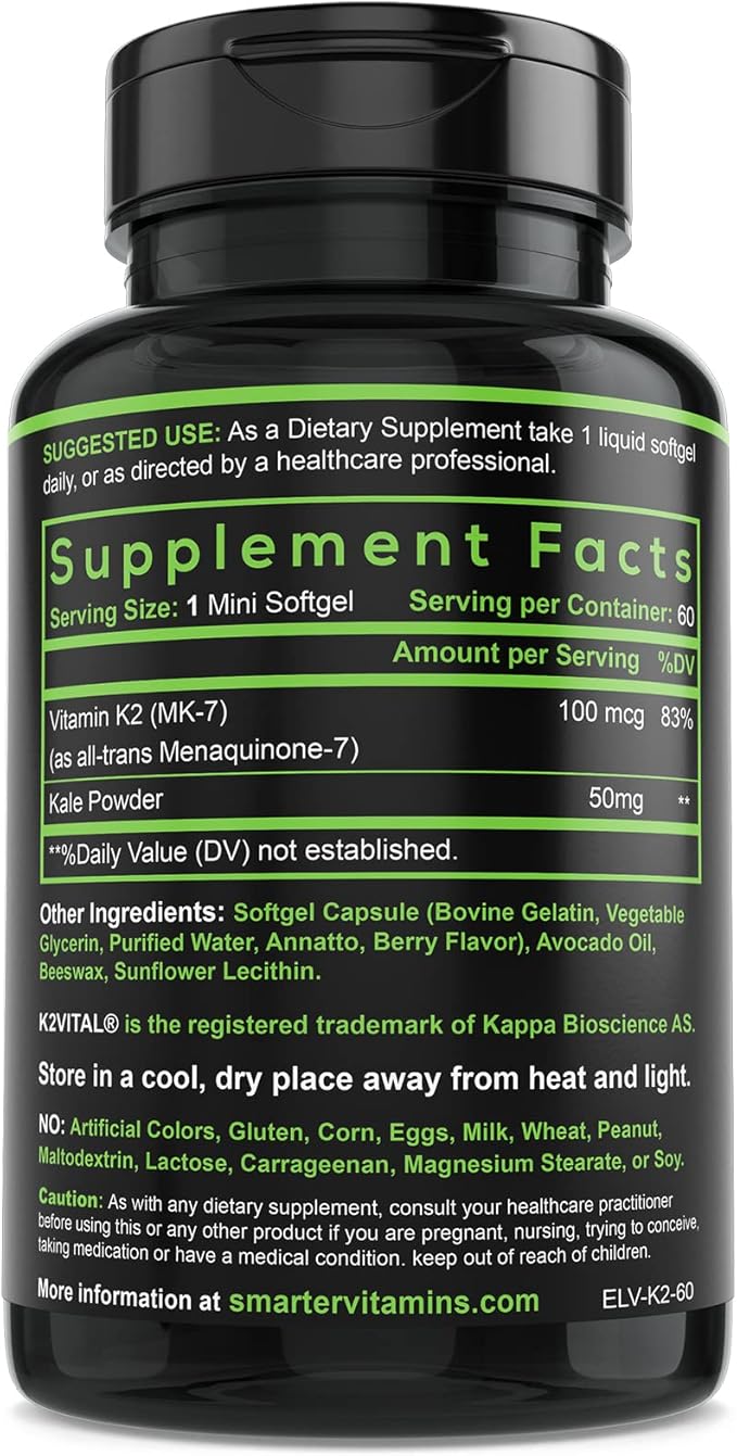 Smarter Vitamin K2 MK7 100mcg Made K2VITAL and K-2 MK-7 MK-7 Helps 60 Liquid