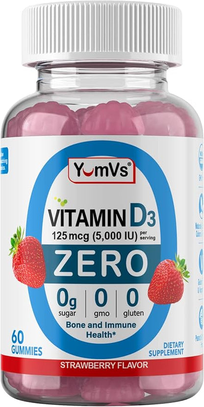 Yum-Vs - Vitamin D3 Gummies with Zero Sugar for Adults & Kids (125 mcg - 60 Count) - Sugar Free Vitamin D Gummies - Vegetarian Gummy Vitamins for Bone Support & Immune Health - Vit D3 Vitamin Chewable