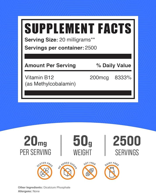 BulkSupplements.com Vitamin B12 Methylcobalamin Powder 1% B12 B12 Methylcobalamin, B12 Supplement, 20mg per 50g (1.8 (1.8 oz) 1)