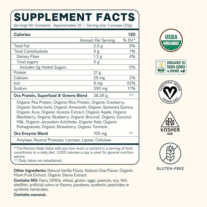 Ora Organic Vegan Protein Powder 21g Plant