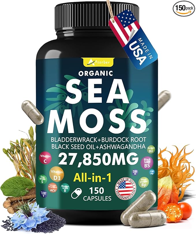 Sea Moss Capsules，Irish Sea Moss Capsules - with Aşhwagandha, Black Seed Oil & Turmeric - 150 Capsules