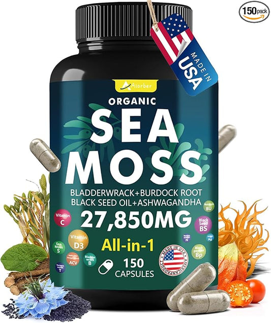 Sea Moss Capsules，Irish Sea Moss Capsules - with Aşhwagandha, Black Seed Oil & Turmeric - 150 Capsules