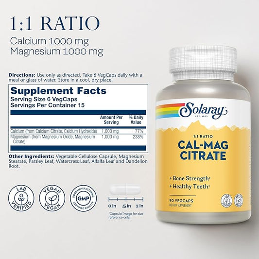 Solaray Calcium Magnesium Citrate 1000mg 1:1 15 Servings, 90 VegCaps