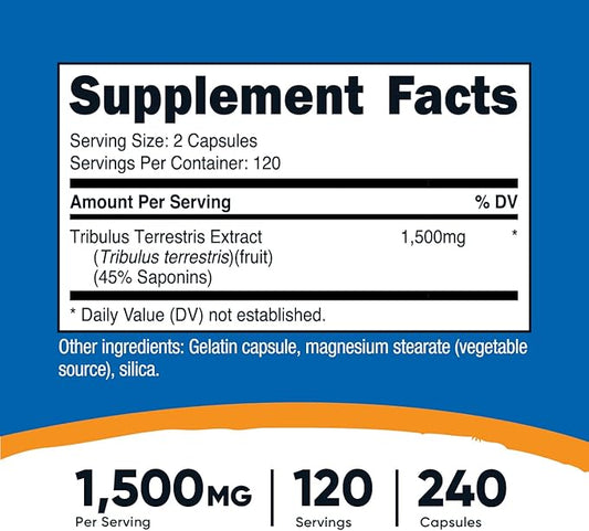 Nutricost Tribulus Terrestris Extract 1500mg, 240 Capsules - 45% Saponins, 120 Servings, Non-GMO, Gluten Free