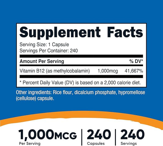Nutricost Vitamin B12 (Methylcobalamin) 1000mcg, 240 Capsules B12 Supplement