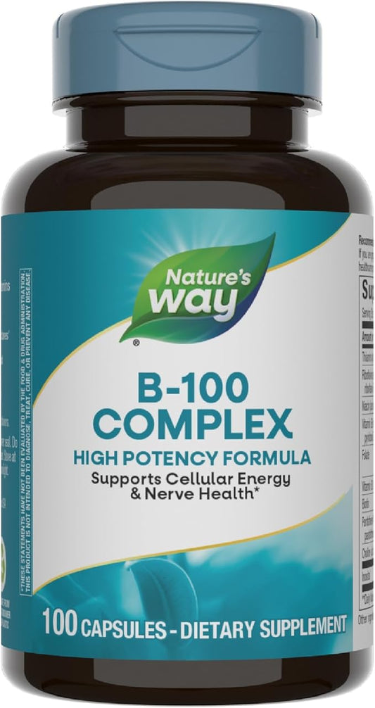 Nature's Way B-100 Complex, Supports Cellular 8 B-Vitamins, 100 Capsules