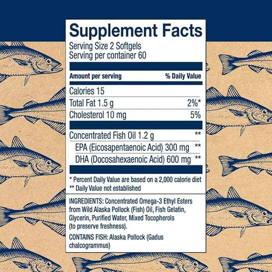 Wiley's Finest Wild Alaskan Fish Oil 900mg EPA Omega-3s - 120 Softgels (60 Servings)