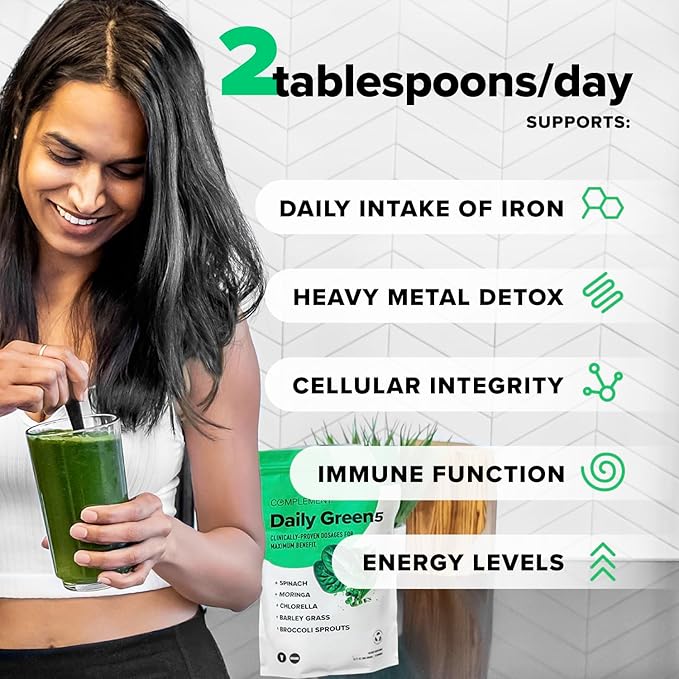 Complement Daily Greens Powder, Super Greens Powder Superfood- Wholefoods, Organic Chlorella Powder, Barley Grass Juice Powder, Broccoli Sprouts- Immune Support, Brain Health, Metal Detox- 30 Servings