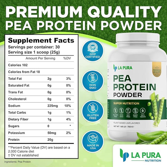 LaPura 100% Vegan Pea Protein Powder 1.65LB, Unflavored 20g Protein,