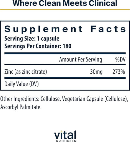 Vital Nutrients Zinc Citrate 30mg | Easily Absorbed Immune Support Supplement* | Vegan Zinc Supplement | Gluten, Dairy, Soy Free | Non-GMO | 30mg | 180 Capsules