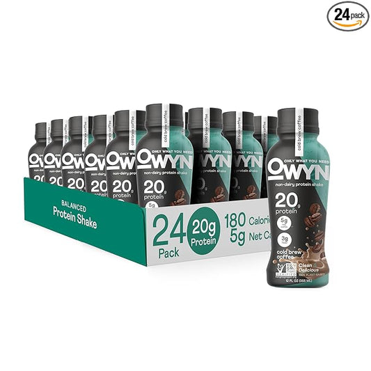 OWYN Only What You Need Vegan Plant Based Protein Shake, Cold Brew Coffee, 24 Pack, 148mg Caffeine, 20g Plant Protein, Omega-3, Prebiotic Supplements, Gluten-Free, Soy-Free, Non-GMO
