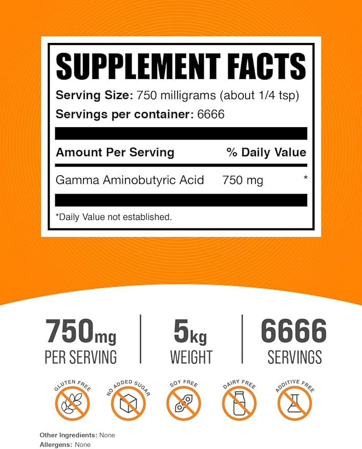 BulkSupplements.com Gamma Aminobutyric Acid Powder - GABA Supplement, GABA 750mg, GABA Powder - Focus & Stress Supplements, Gluten Free, 750mg per Serving, 5kg (11 lbs)
