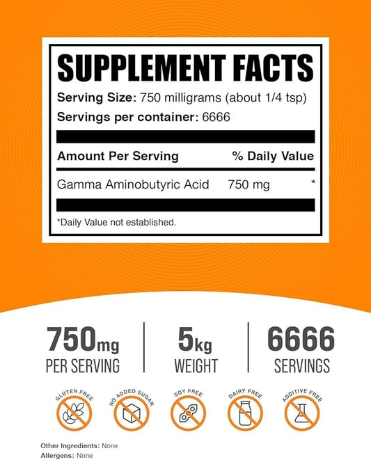 BulkSupplements.com Gamma Aminobutyric Acid Powder - GABA Supplement, GABA 750mg, GABA Powder - Focus & Stress Supplements, Gluten Free, 750mg per Serving, 5kg (11 lbs)