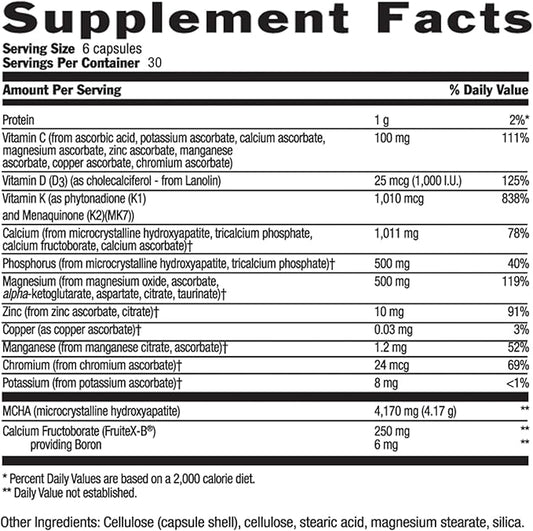 Country Life Bone Solid - Bone Health Supplement with Microcrystalline Hydroxyapatite (MCHA), Calcium, Magnesium, Zinc, Vitamins K2 & D3 for Enhanced Bone Strength & Metabolism - 180 Capsules