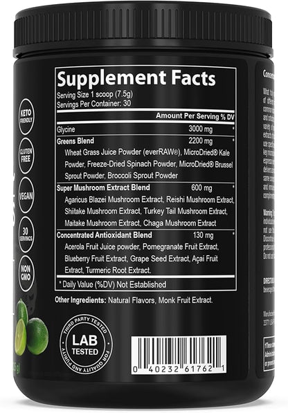 PEScience Greens & Superfoods Powder, Lime Flavor, 30 Servings, Natural Chlorophyll with Turkey Tail Mushroom & Fruit Extracts Blend