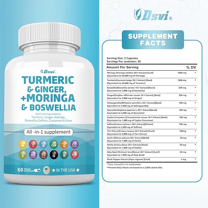 60 Capsules Turmeric Curcumin 30000mg Ginger 3000mg Moringa 50000mg Boswellia 3000mg Saffron 2000mg Joint