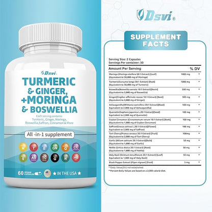 60 Capsules Turmeric Curcumin 30000mg Ginger 3000mg Moringa 50000mg Boswellia 3000mg Saffron 2000mg Joint