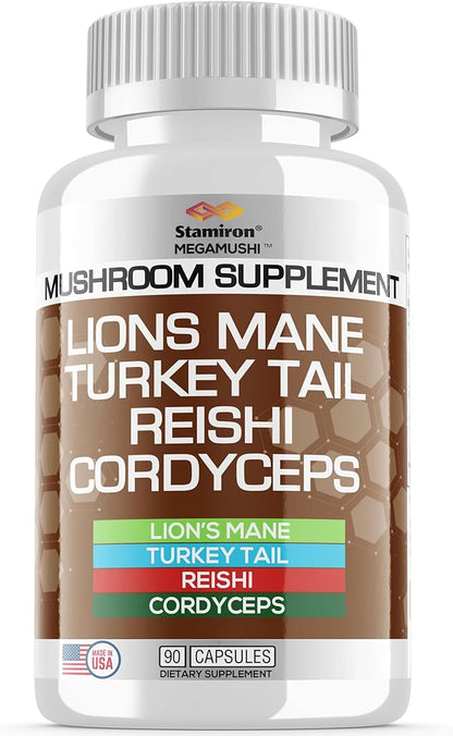 Stamiron Lions Mane Supplement Turkey Tail Mushroom Capsules with Cordyceps Extract & Reishi Mushrooms - Alt to Mushroom Gummies, Mushroom Powder, Mushroom Coffee - 90 Count