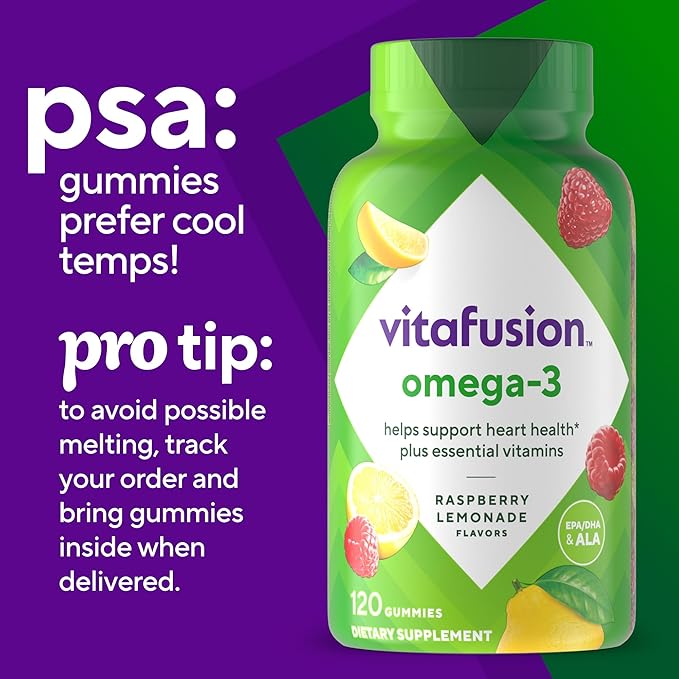 Vitafusion Omega-3 Gummy Vitamins, Berry Lemonade Vitamins(1) With 3 EPA/DHA 1 Vitamin 60 Day 120 Count