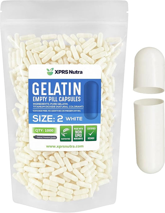 XPRS Nutra Size 2 Empty Capsules - 1000 Count Empty Gelatin Capsules - Empty Pill Capsules - DIY Capsule Filling - Pure Bovine Pill Capsules Empty Gel Caps (White)